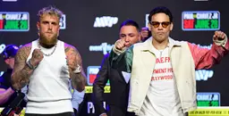 Jake Paul and Julio Cesar Chavez Jr. posing during their pre-fight press conference