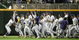 LSU baseball team celebrating on the field after a victory